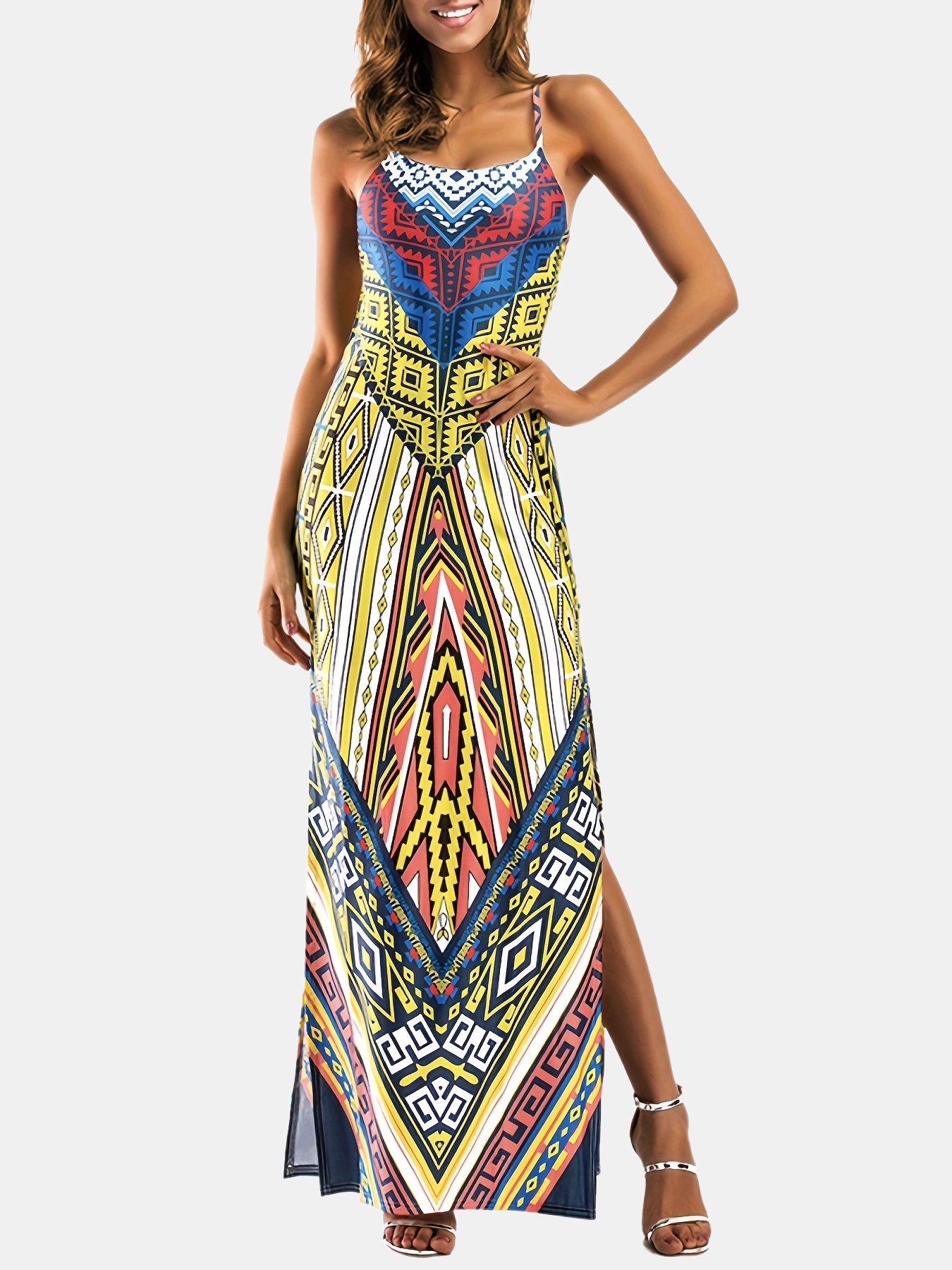 Ethnic Print Backless Dress Boho Split Summer Maxi Dress - Temu Canada