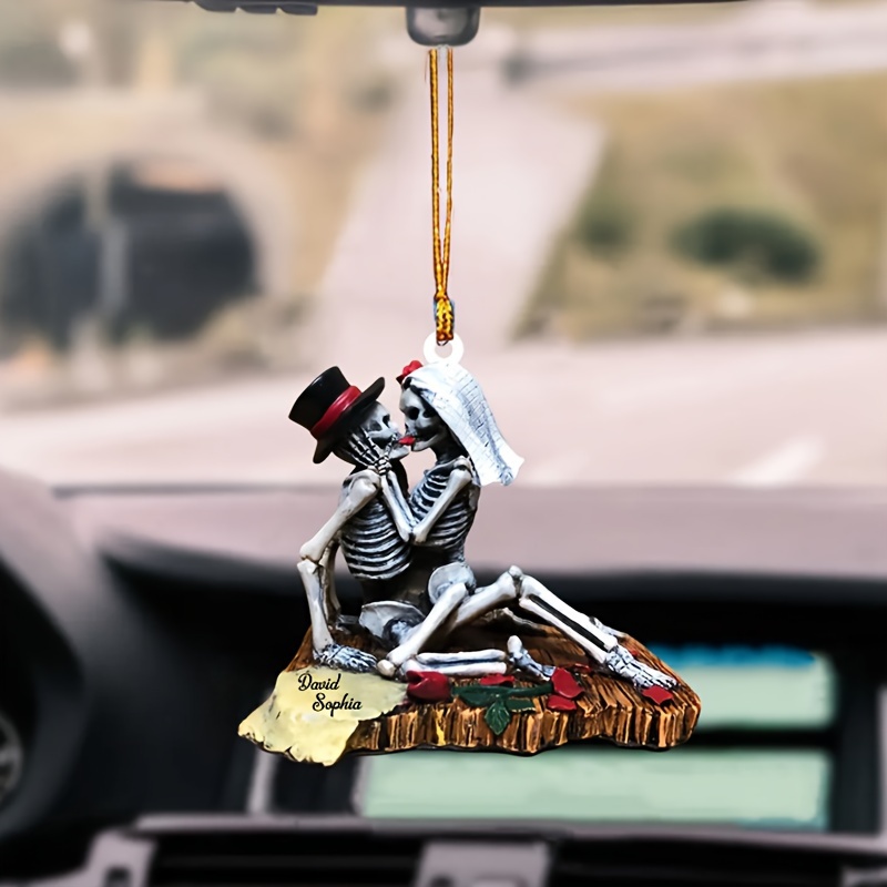 1pc Skull Couple Pendant Heart Rose Car Rearview Mirror Hanging Ornaments  Halloween Decoration, 90 Days Buyer Protection