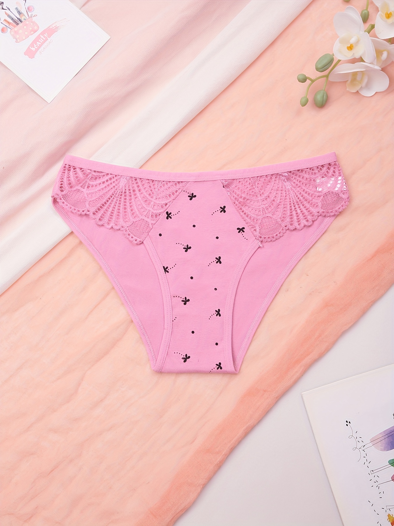 Pink Printed Lace Logo Brief Panties