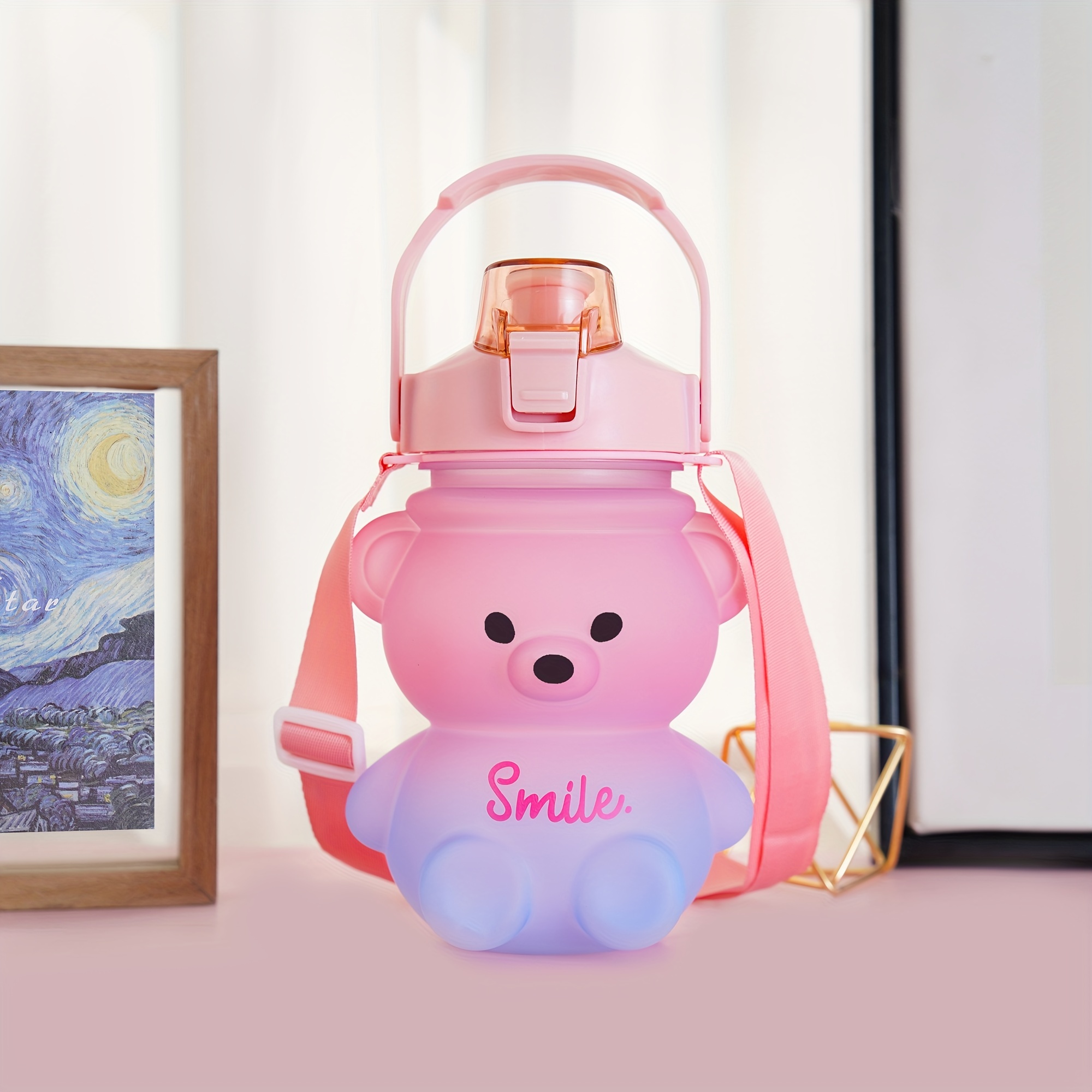 1000ml Large Kawaii Bear Shaped Water Bottle With Straw And Strap, Cute Water  Bottles For Drinking Bottle(pink)