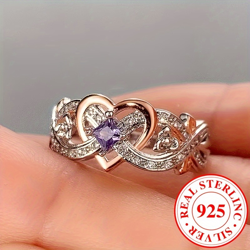 925 Sterling Silver Infinity Heart Ring with Purple Zirconia