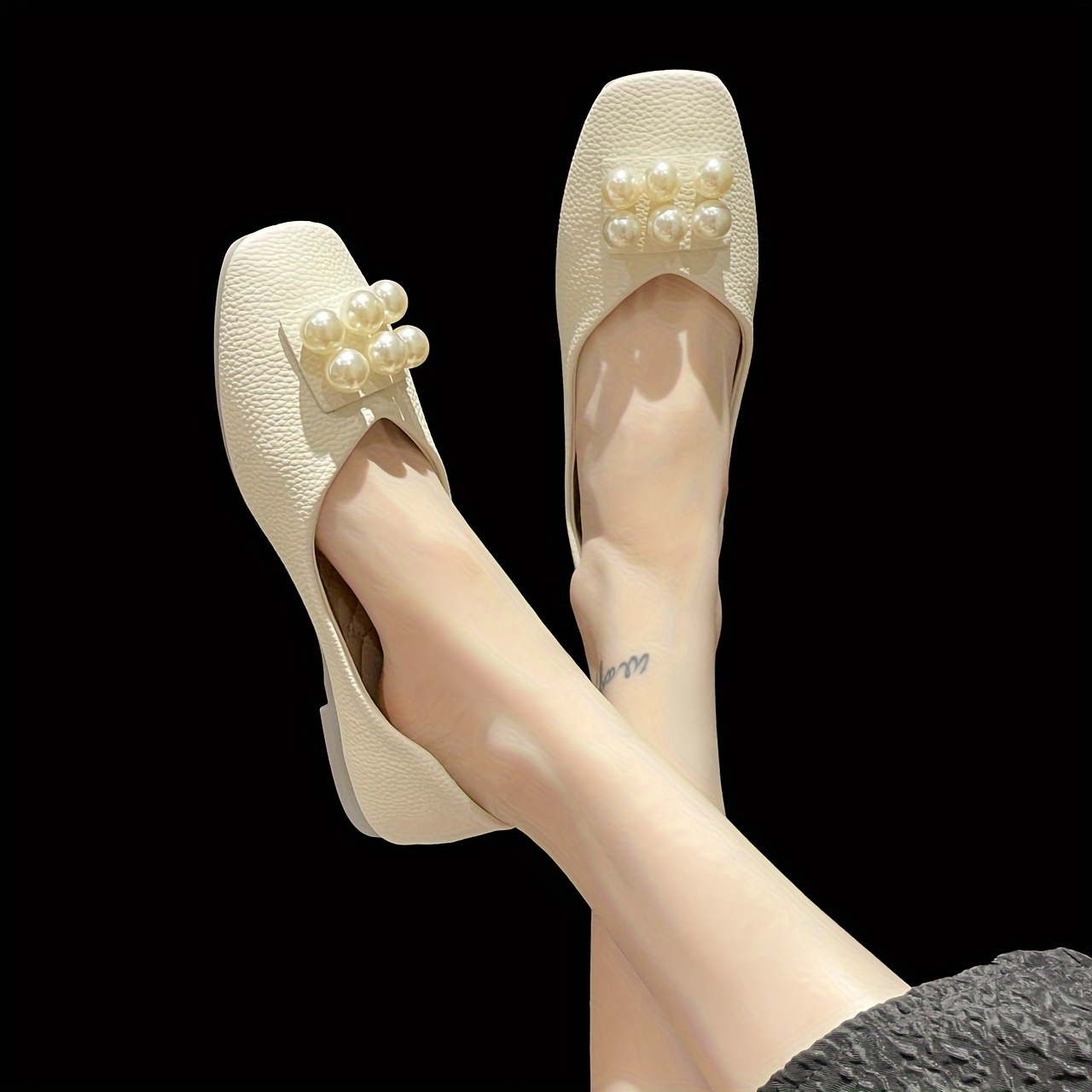 women's pearl decor flats elegant square toe soft sole Temu New