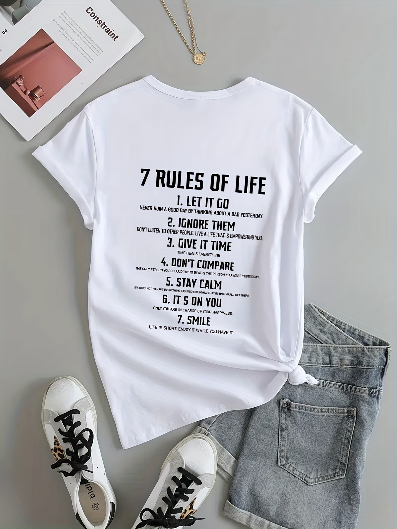 Stylish Graphic 7 Rules Of Life Print T Shirt Cartoon Short Sleeve