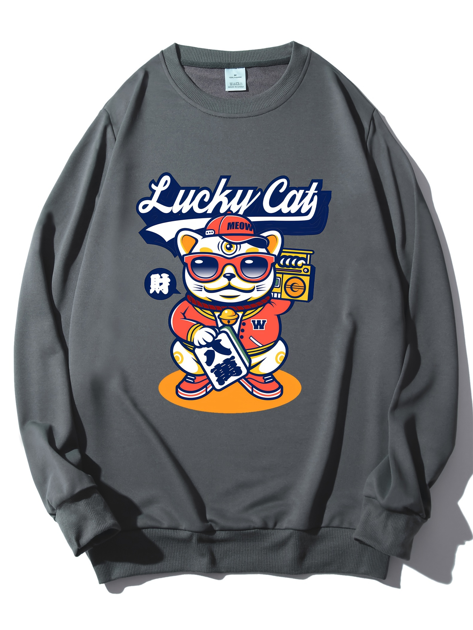 Cartoon Lucky Cat Print Trendy Sweatshirt Men s Casual Temu