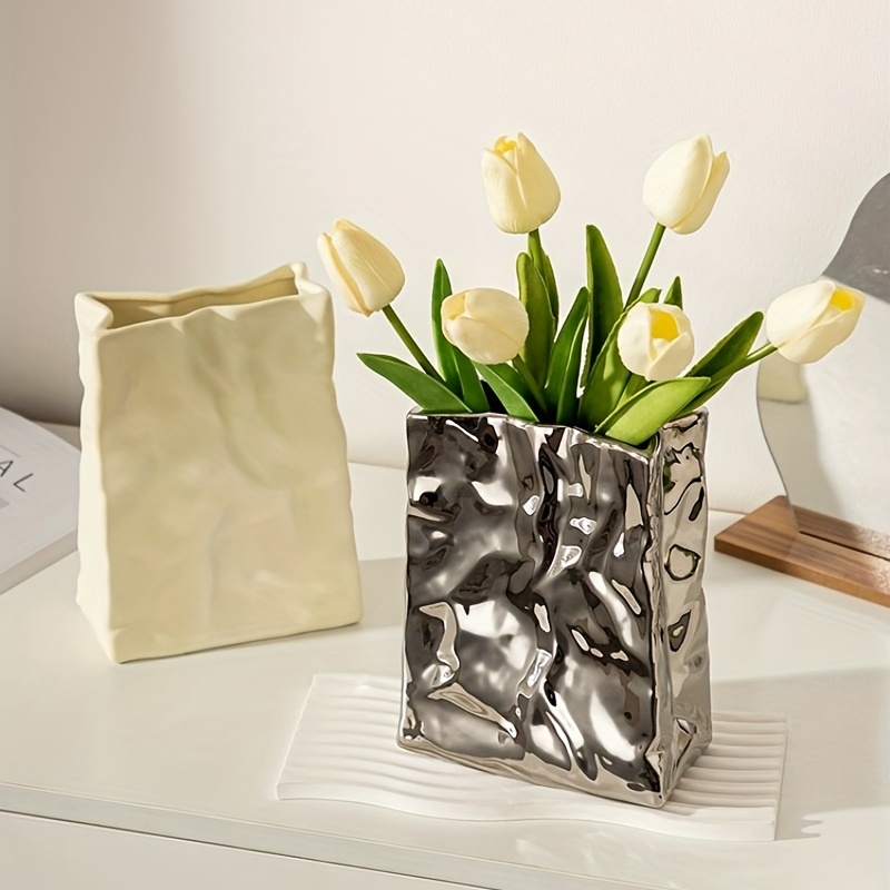Large Capacity Crinkle Paper Bag Ceramic Vase For Flower Arrangement And  Home Decor - Perfect For Weddings, Parties, And Living Room Decor - Temu