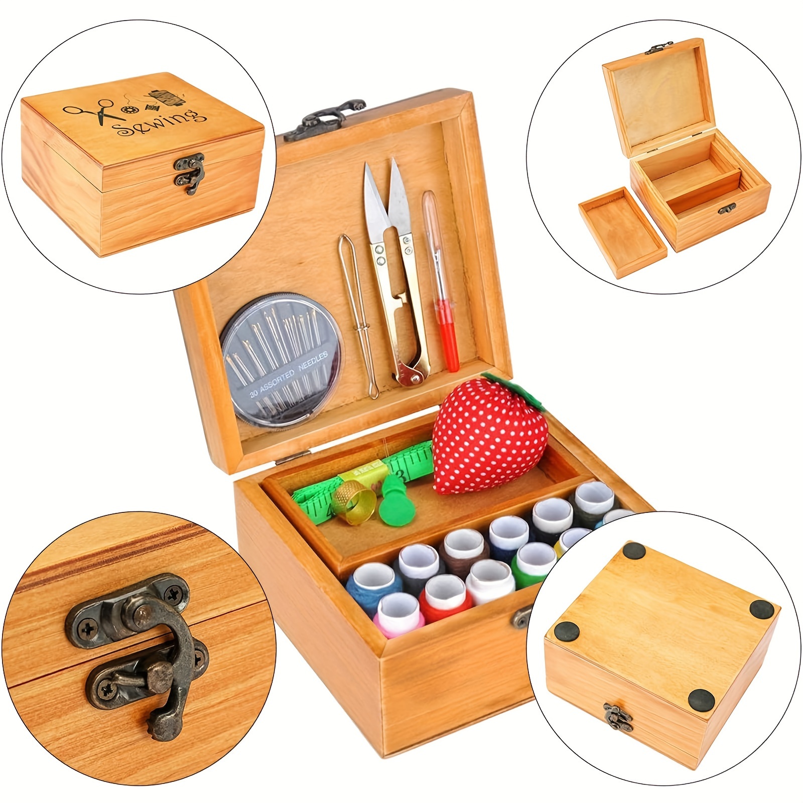 Cesta de costura de madera para adultos, kit de costura vintage para  principiantes, caja de almacenamiento de madera con accesorios de costura