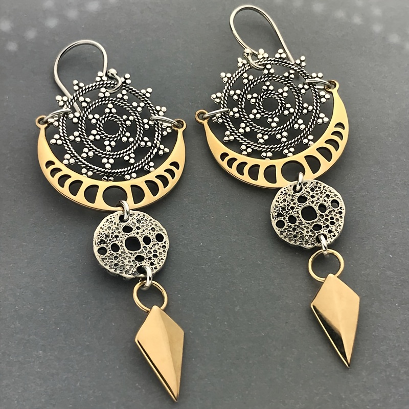 Bohemian Golden Circle & Moon Texture Arrow Drop Dangle Earrings