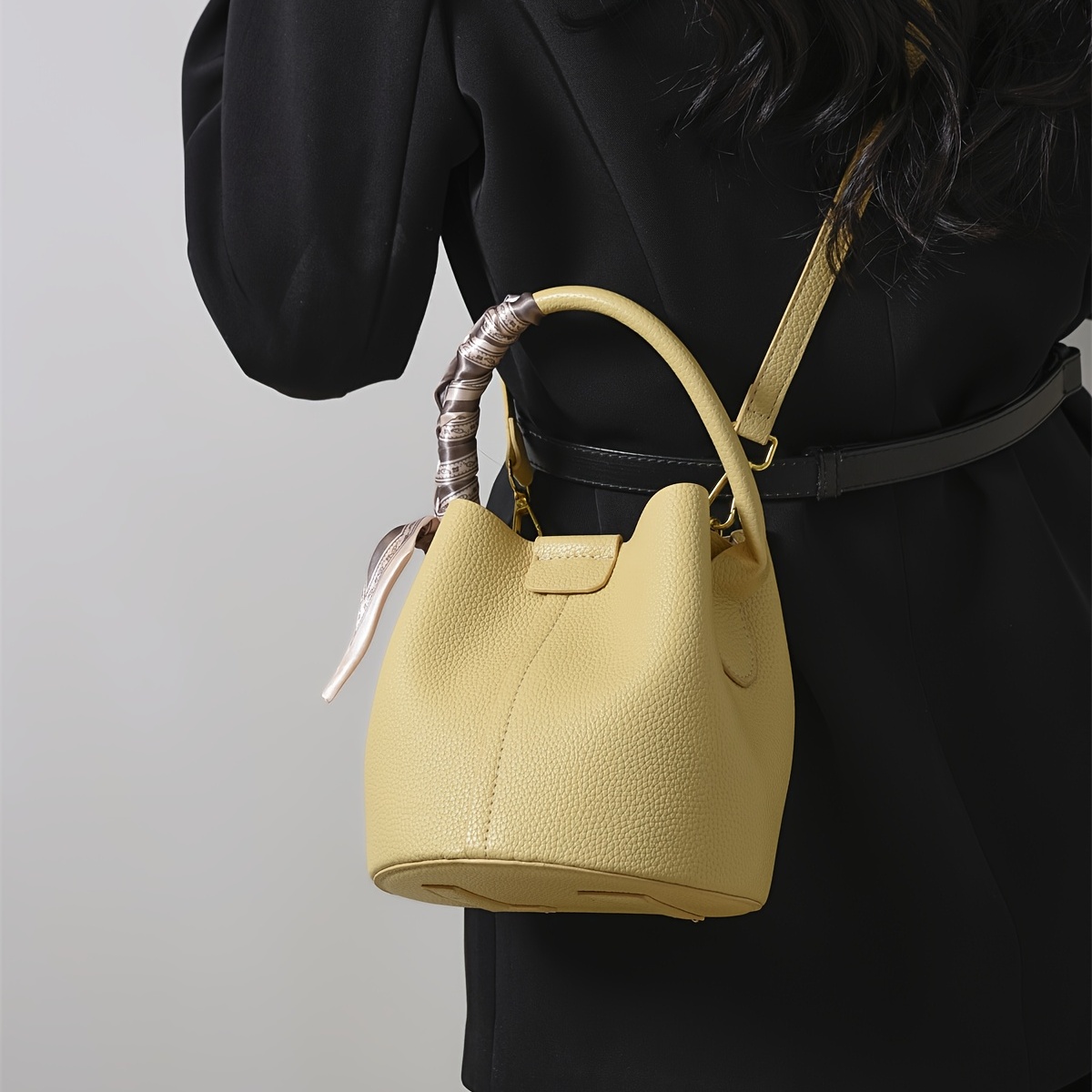 Black Bucket Bag With Cherry Design Bag Charm Fashionable Litchi Embossed  PU