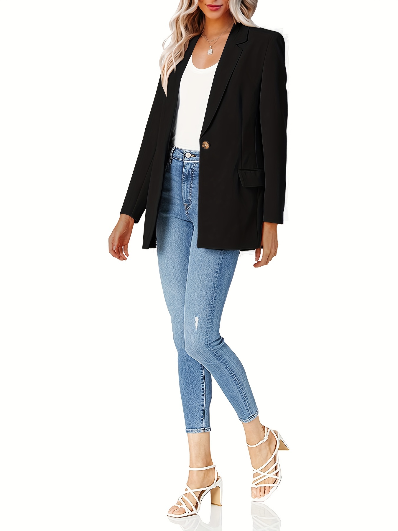 Blazer de moda para mujer, color sólido, frente abierto, chaqueta ajustada  de manga larga, chaqueta informal para la oficina