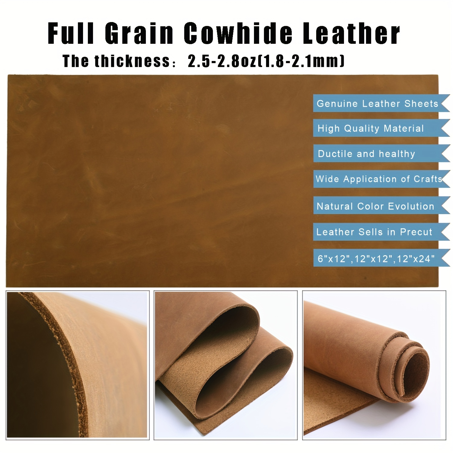 Full Grain Leather Pieces for Leather Working, 12x24 Tooling Leather  Sheets for Crafts Genuine Leather Material 1.8-2.1 mm Thick Leather Hide  for