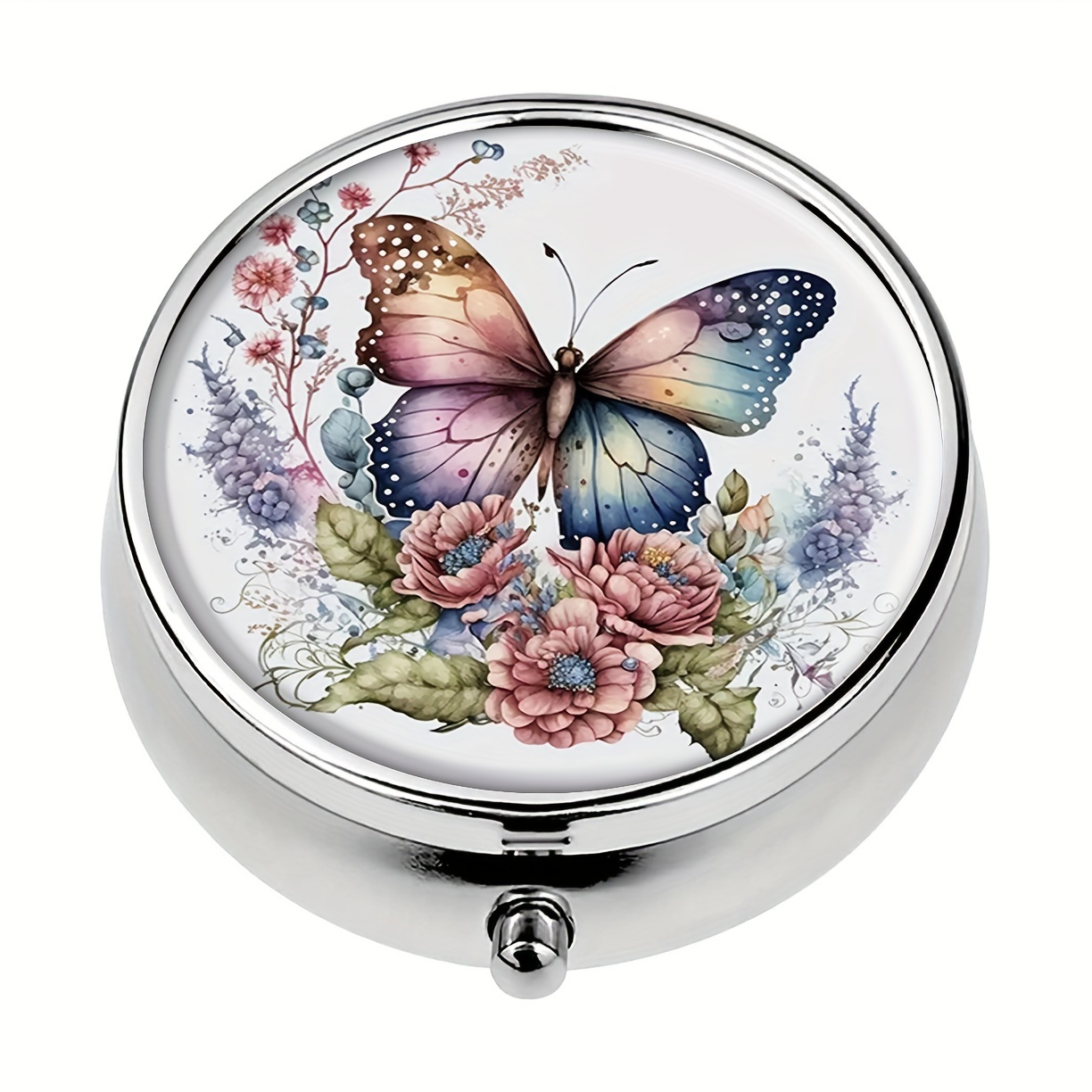

1pc Vintage Butterfly Floral Round Pill Box, Household Portable Medicine Storage Box, 3-grid Sub-packaging Medicine Box, For Outdoor Travel & Office Organizer, Christmas Gift