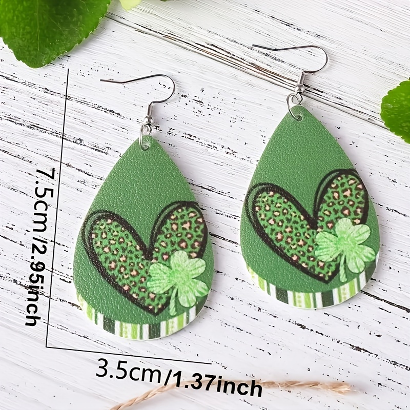St Patrick's Green Heart Print Drop Earrings For Men Boys