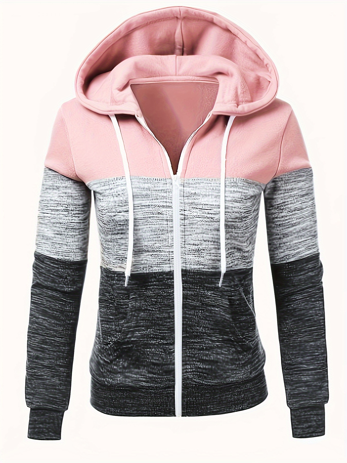 Color Block Zipper Hoodies, Casual Long Sleeve Drawstring Sweatshirt For Fall, Women's Clothing