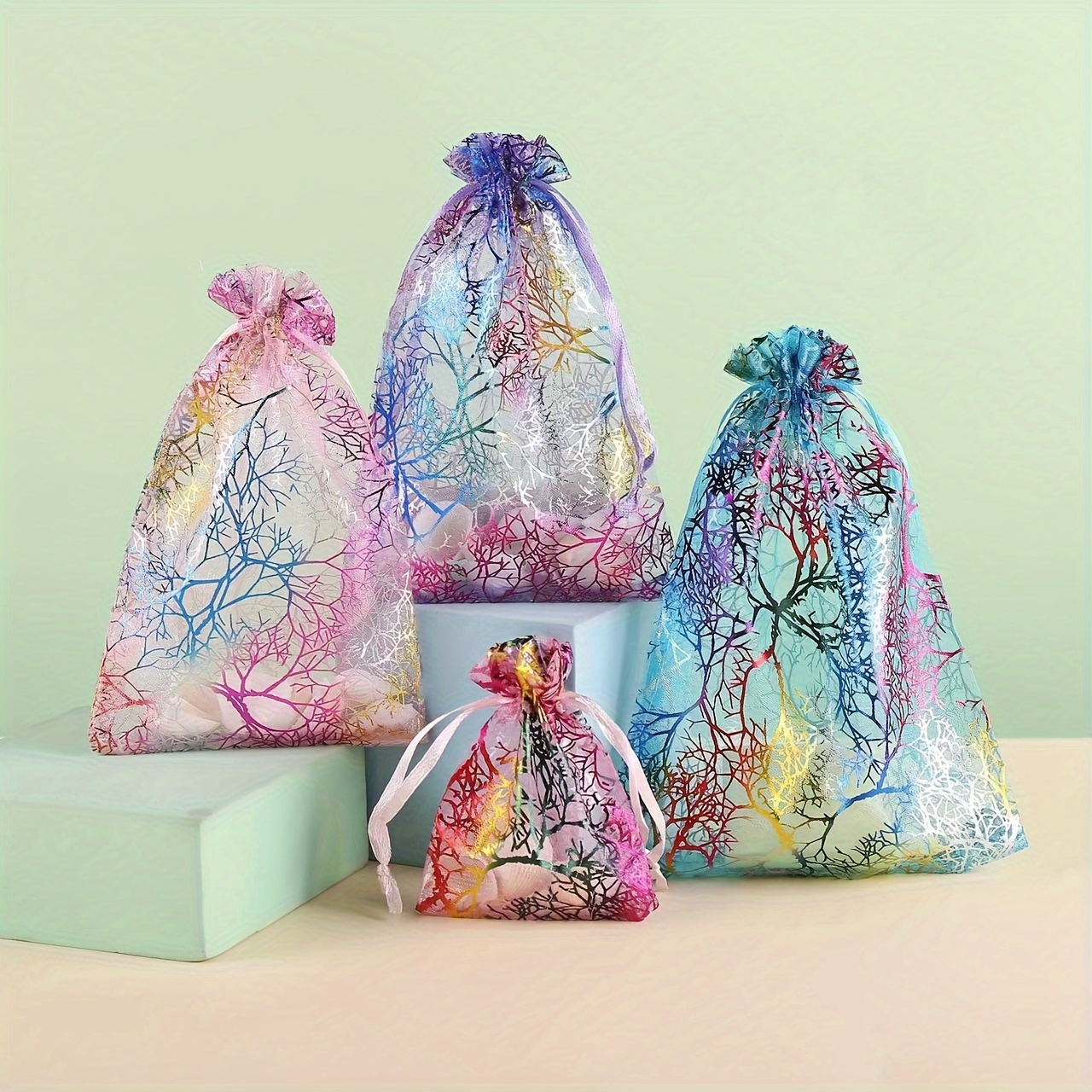 50 bolsas de organza transparente con estampado de flores blancas, bolsa  pequeña con cordón de caramelo, bolsillo de malla para recuerdos de fiesta  de