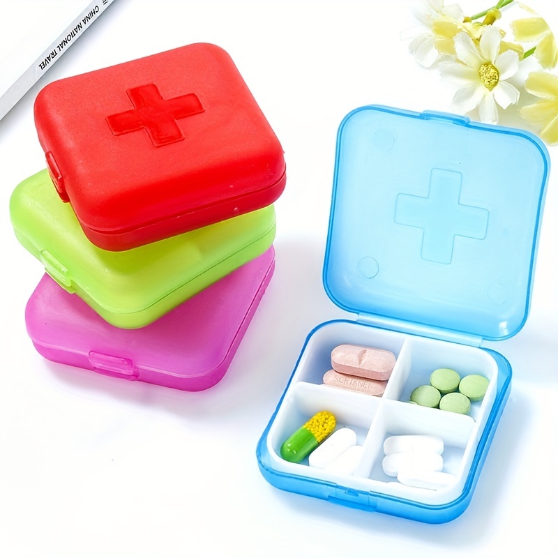 1pc Blue Four-compartment Mini Portable Medicine Box, Pill Case, Earring  Organizer, Sealable Storage Box, Travel Kit