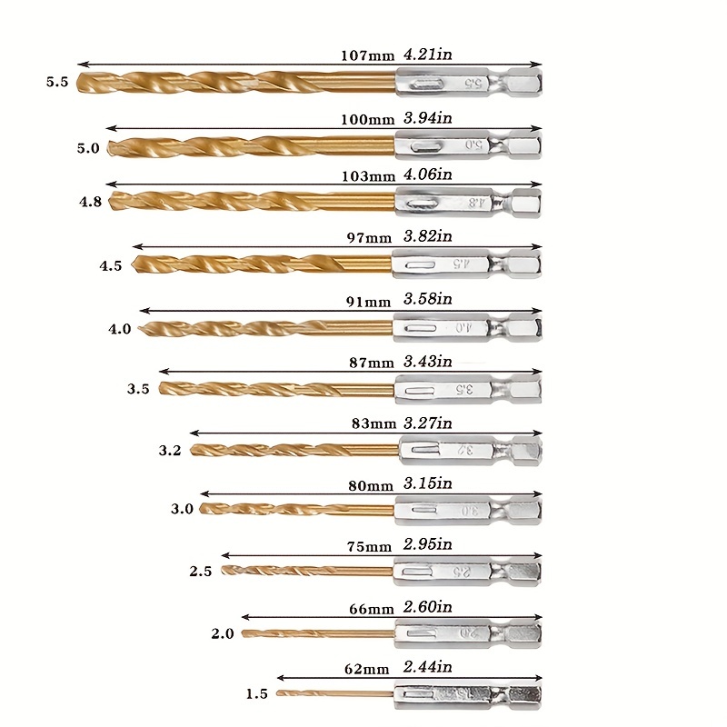 2pcs 13 size 1.5mm-6.5mm Drill Bit Set Titanium Coated HSS High Speed Steel  Hex Shank Quick Change