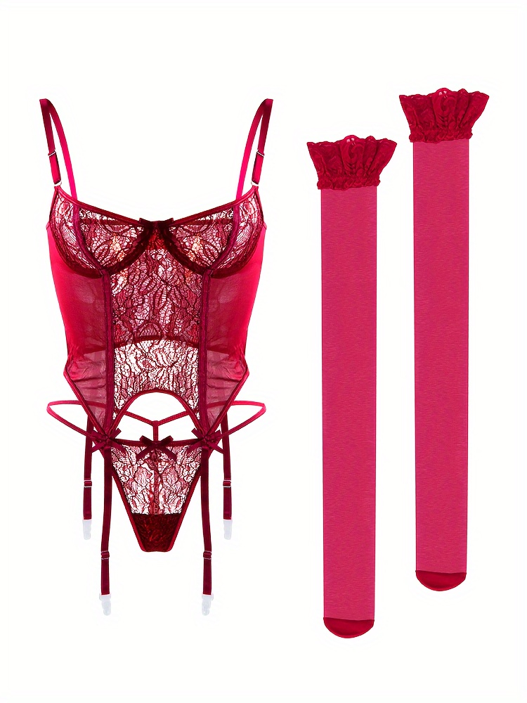 Floral Lace Lingerie Set Mesh Cami Top Thong Stockings - Temu