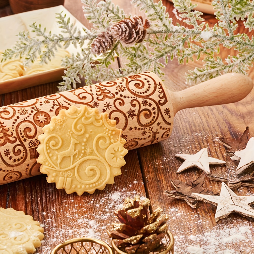 Embossed Rolling Pin Biscuit Roller Xmas Baking Cookies Cake Wooden