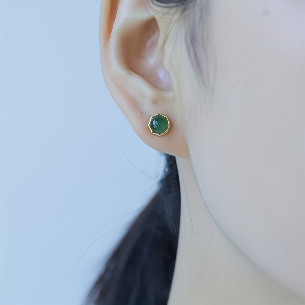 

Sterling 925 Silver With Emerald Natural Jade Decor Stud Earrings Retro Simple Style Delicate Female Ornaments Daily Casual