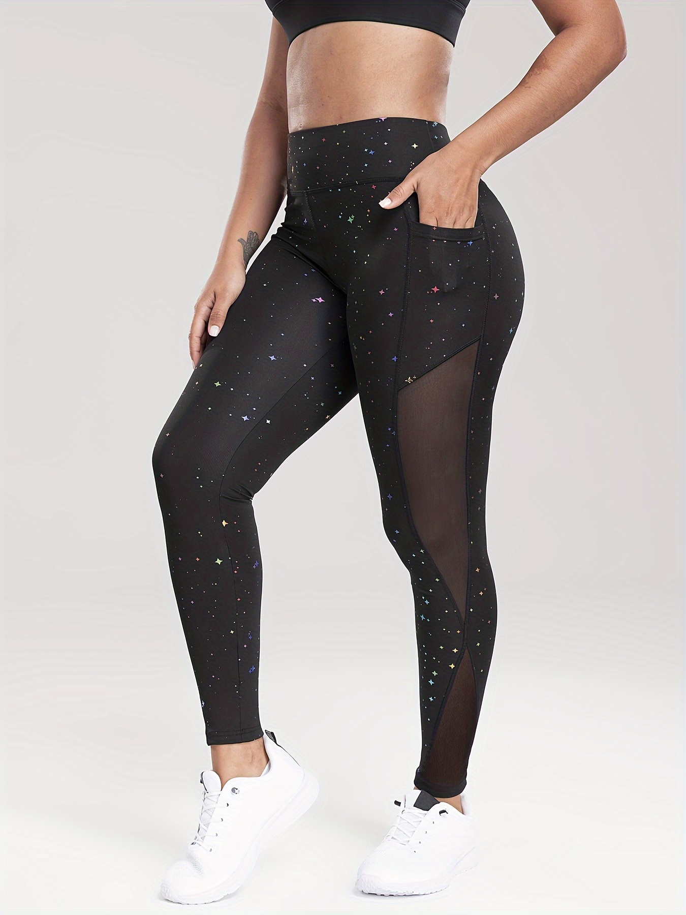 Star Print Mesh Contrast High Stretch Yoga Leggings With Side Pocket,  Fitness Sports Butt Lifting Pilates Tight Pants, Women's Activewear