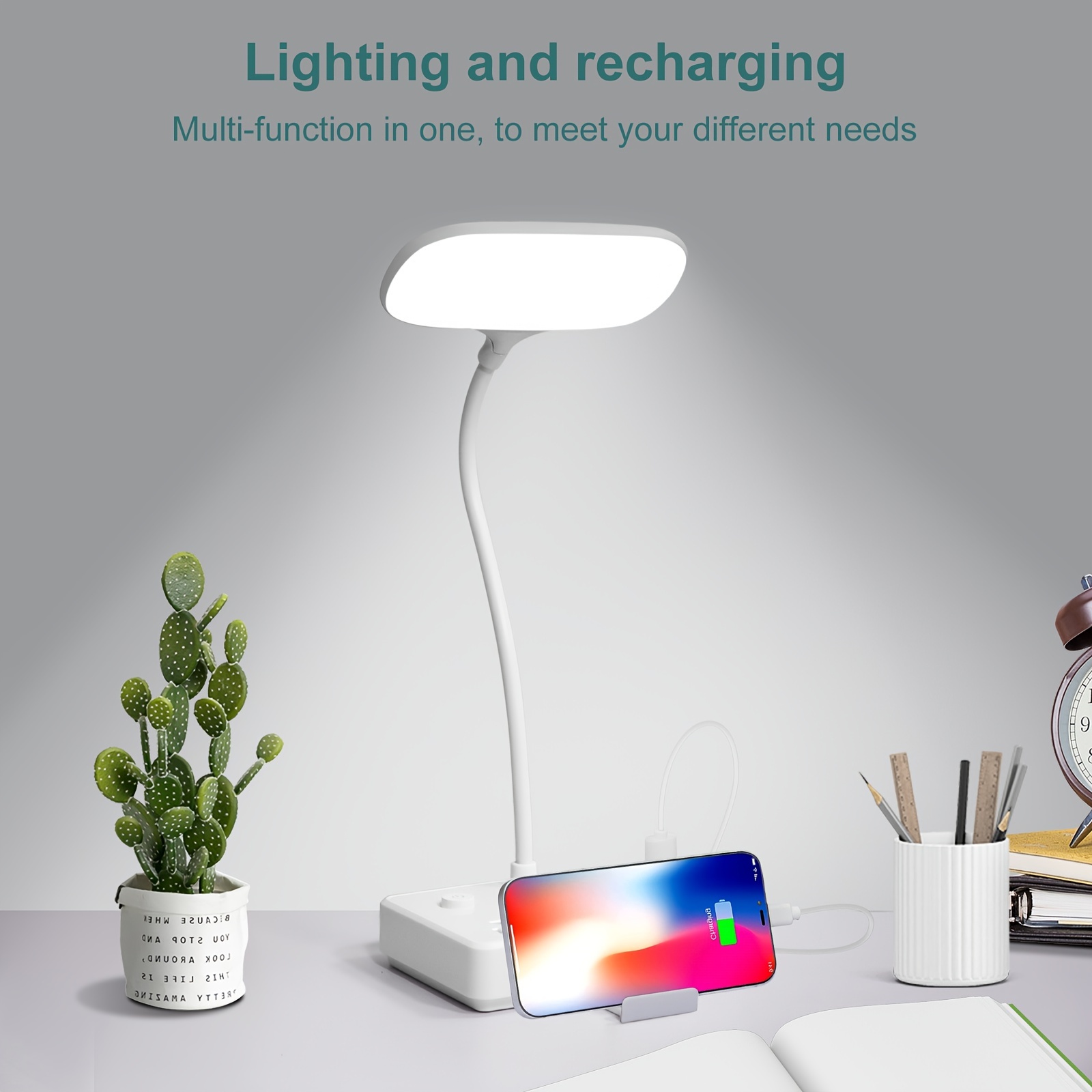  Lámpara de escritorio LED con cargador inalámbrico, puerto de  carga USB, modernas lámparas de escritorio para oficina en casa de cuidado  para los ojos, 5 modos de iluminación y 10 niveles