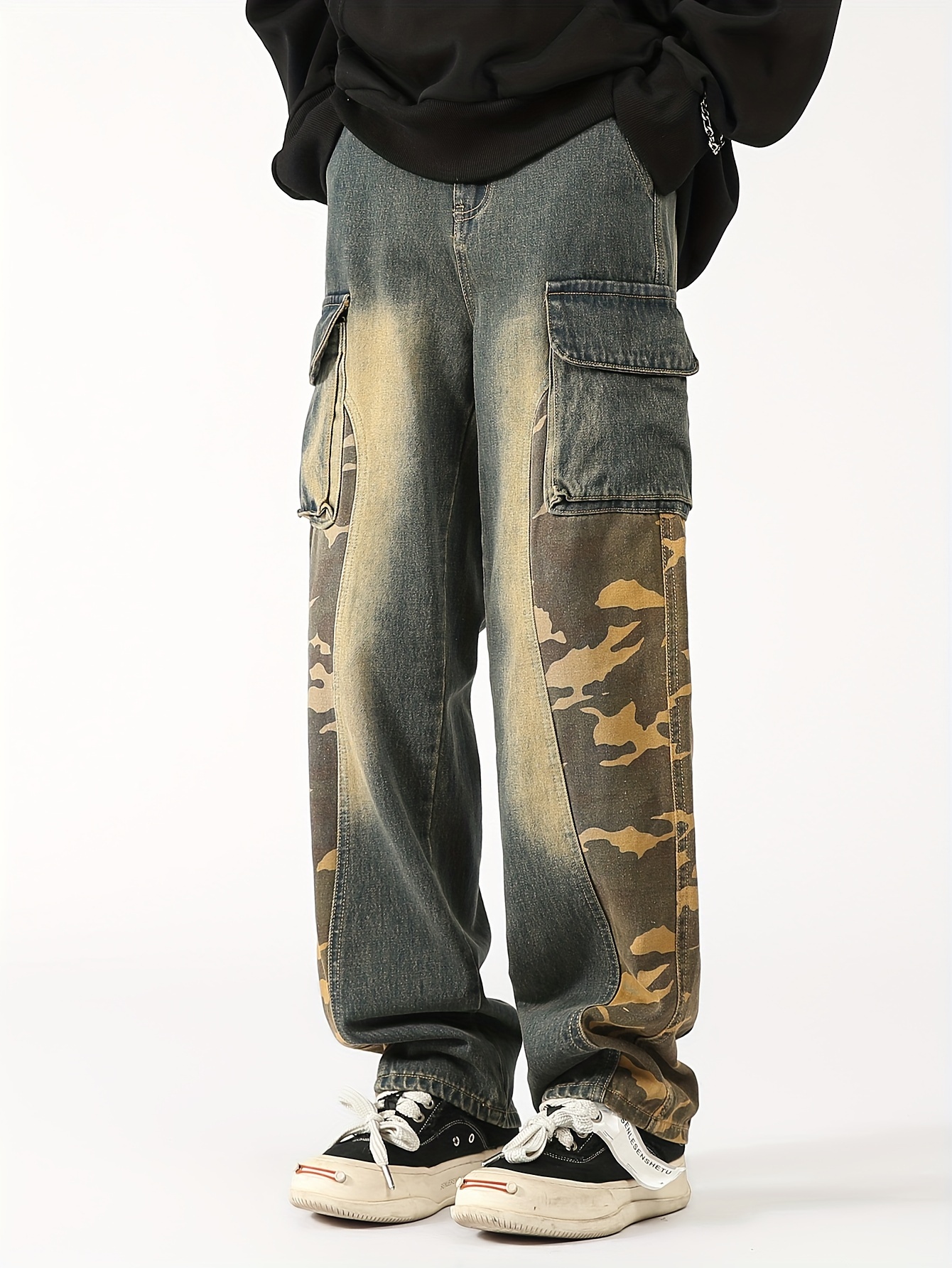 Pantalon droit ample homme jean baggy hip hop denim rétro taille plus chic