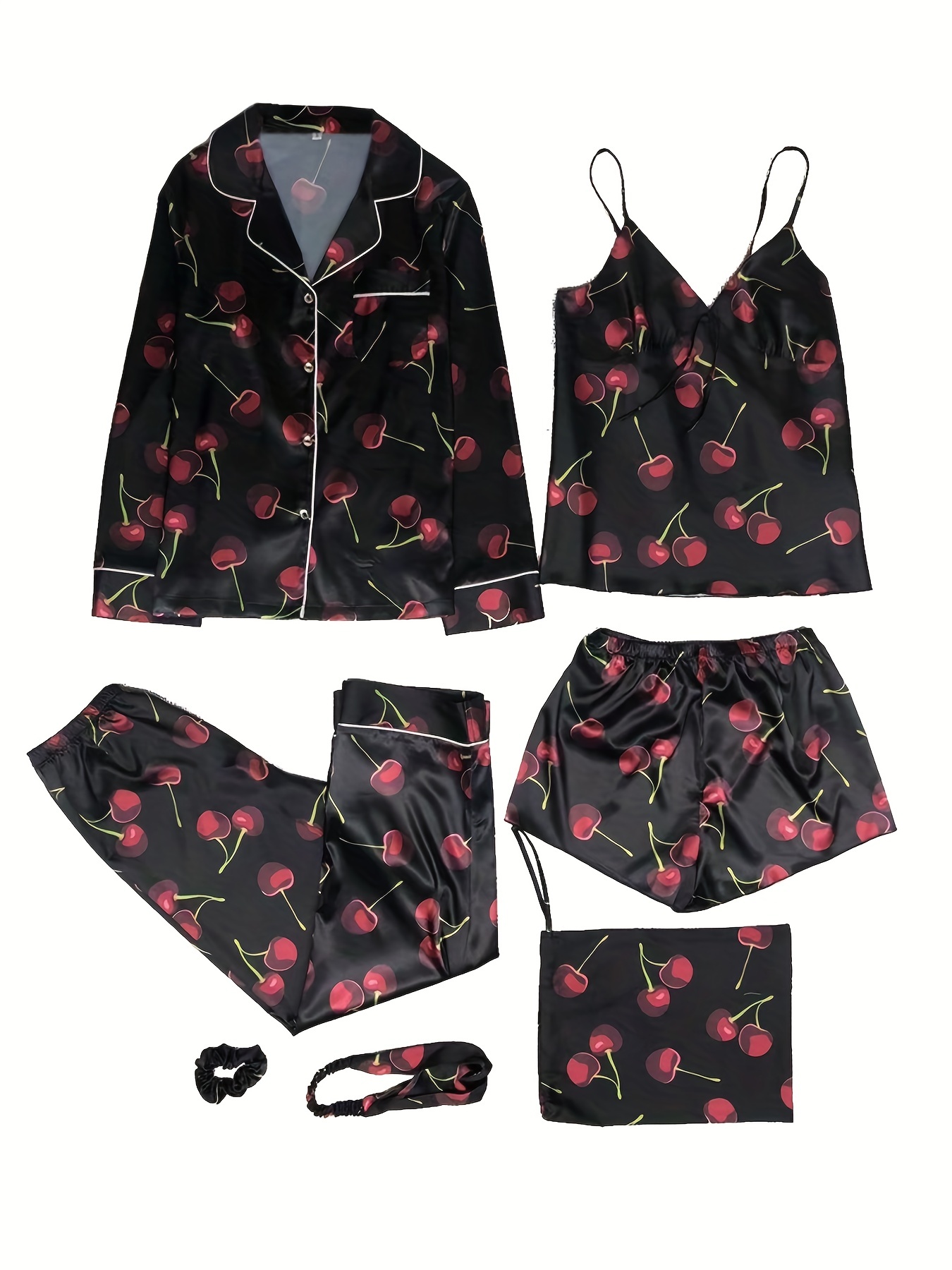 Girls Cherry Print Satin Lapel Neck Pajama Set - Temu