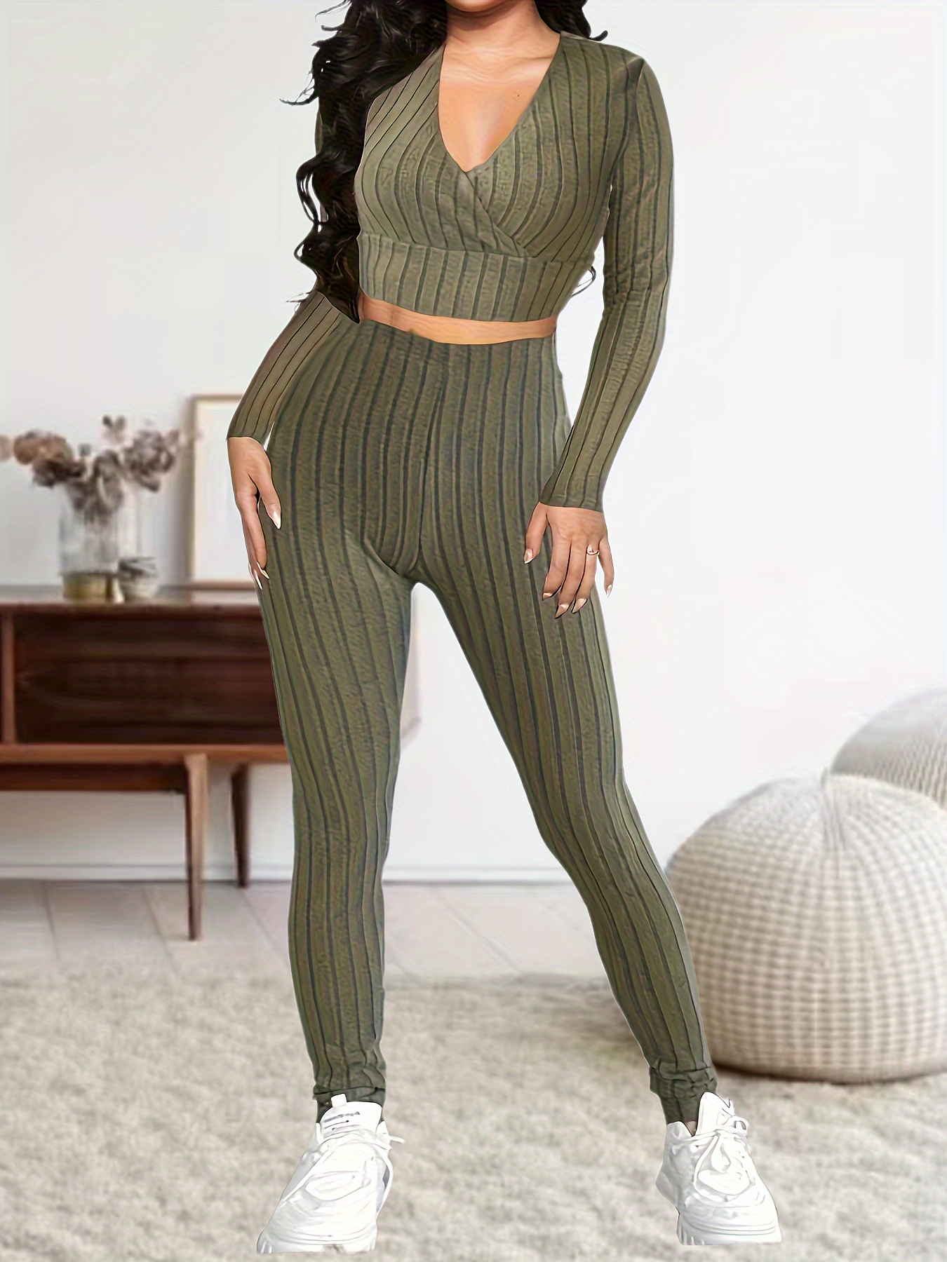 Solid Casual Two piece Set Cropped Long Sleeve Sweater - Temu Australia