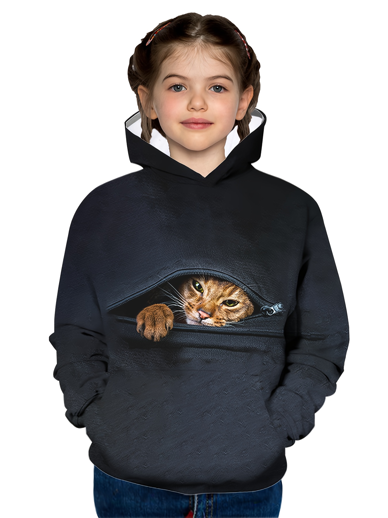 Cute Cat Print Girls Fleece Lined Hooded Jacket Casual Long - Temu