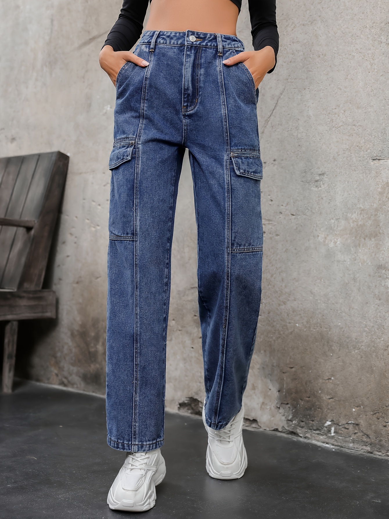 Side Flap Pocket Plain Pintuck Jeans High Slash Pocket - Temu