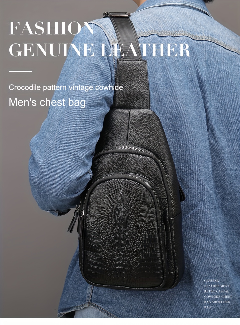 Top Cow Leather Black Men's Backpack, Crocodile Print Large Capacity  Travel Bag