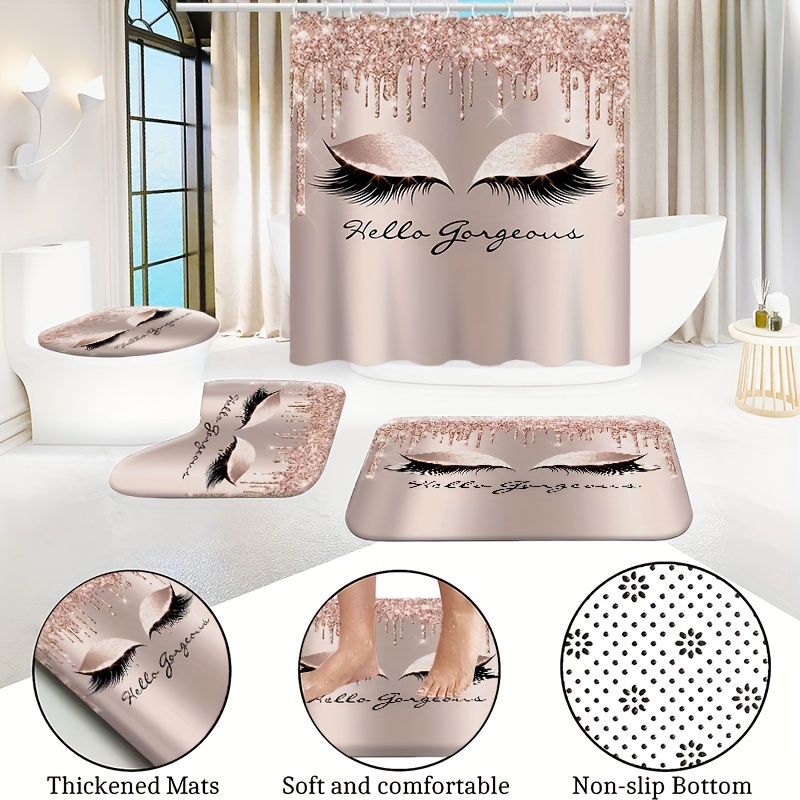3 4pcs Rose Eyelash Shower Curtain Bathroom Mat Set