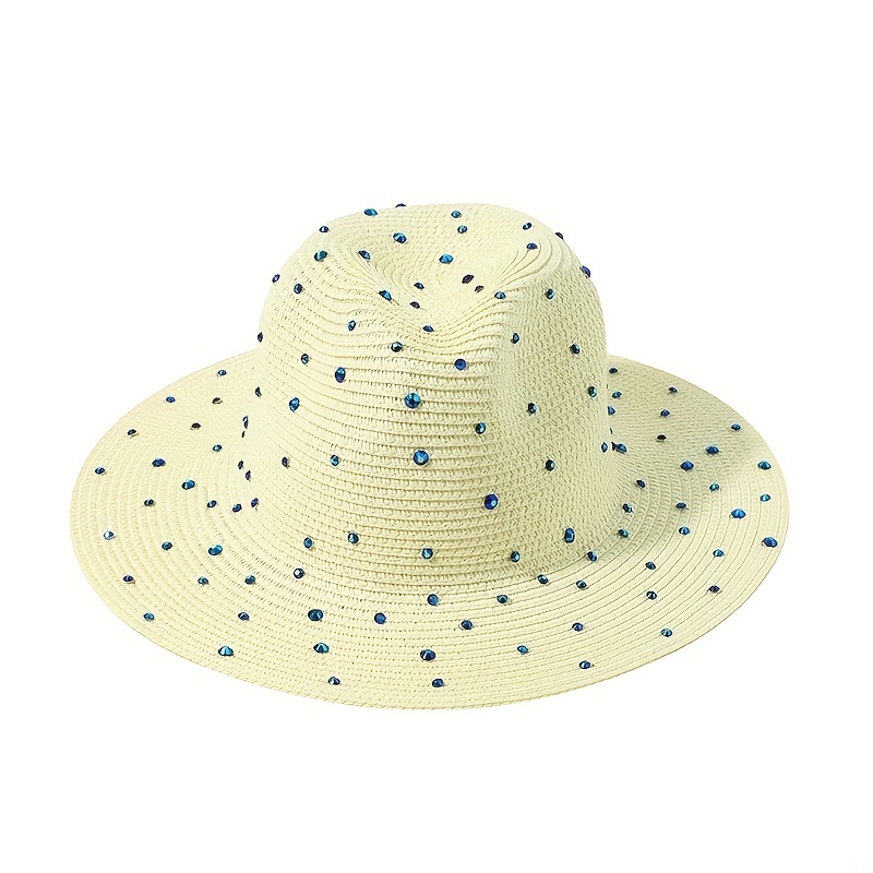 Faux Pearl Decor Straw Fedora Cap Jazz Sun Hat for Women