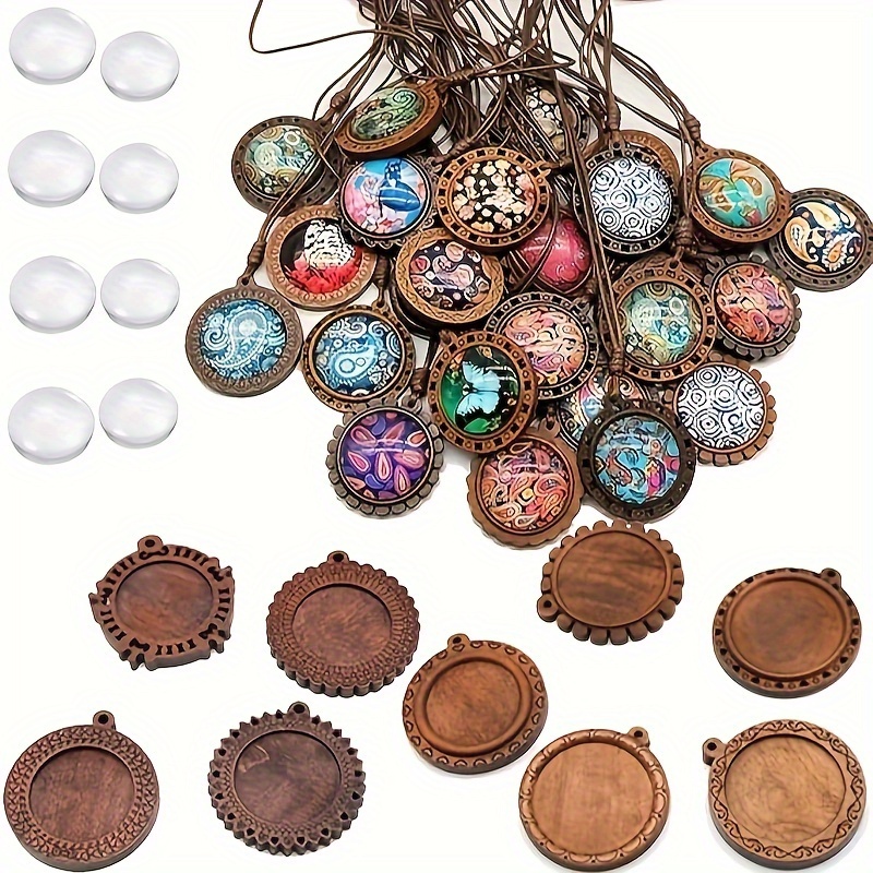 

12pcs Bezel Setting Pendant Trays Round Wooden And Glass Cabochon Round Clear Dome For Diy Crafting Photo Pendant Necklace Jewelry Making