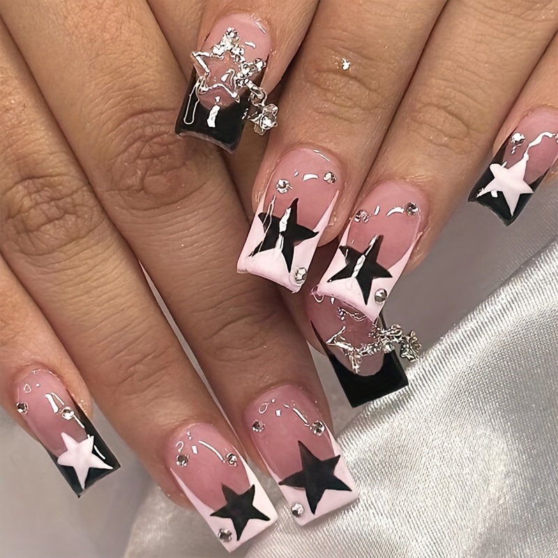 

24pcs Square Press On Nails Medium, Star Pattern Valentine's Day Fake Nails With Rhinestone Design Black French Full Cover Acrylic Nails Reusable Stick On Nails For Women Girls