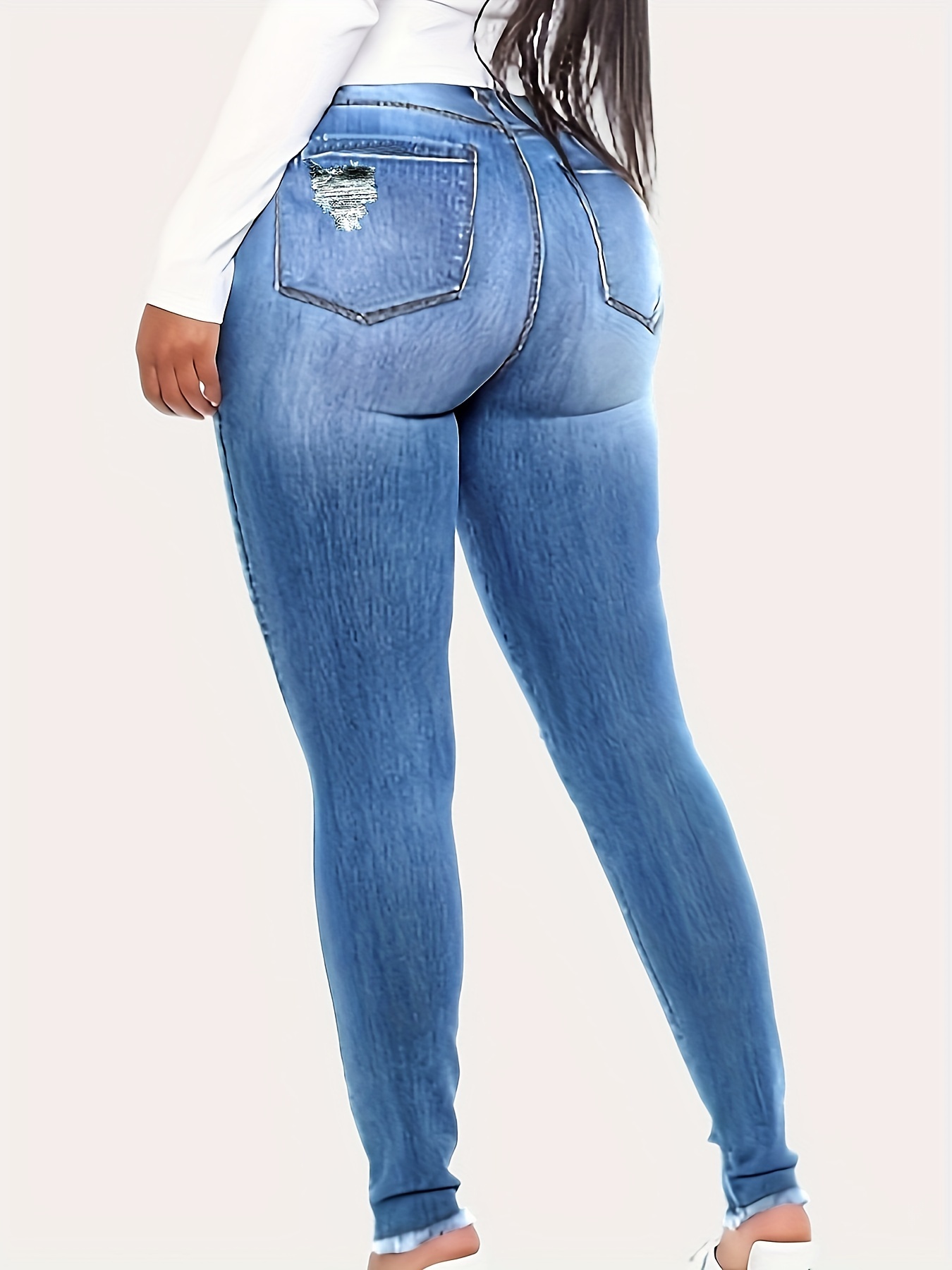 Blue Ripped Holes Skinny Jeans Slim Fit Trim waist - Temu