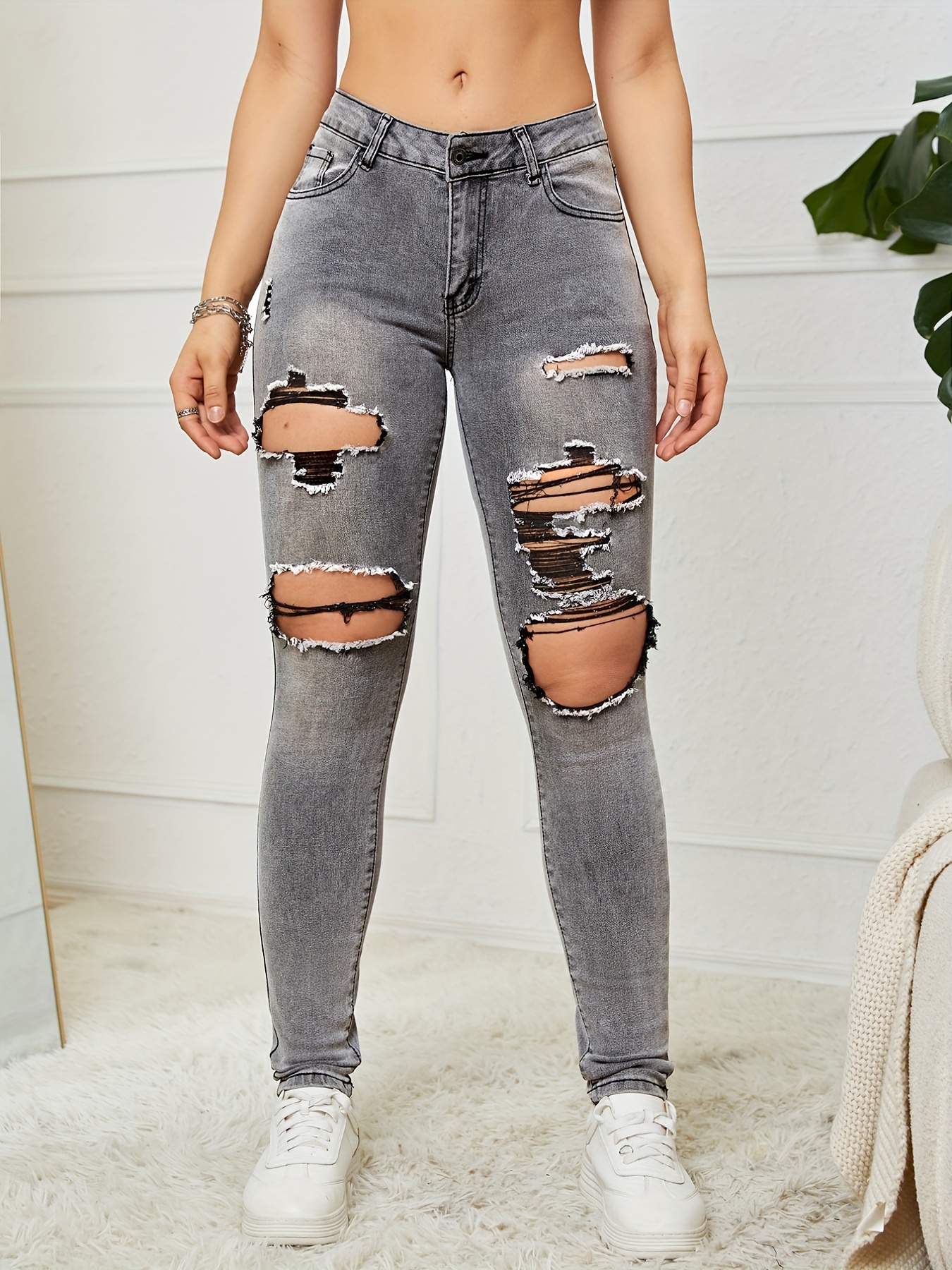Ripped High Waist Washed Distressed Jeans, High Strech Solid Color Street  Style Denim Pants, Women's Denim Jeans & Clothing