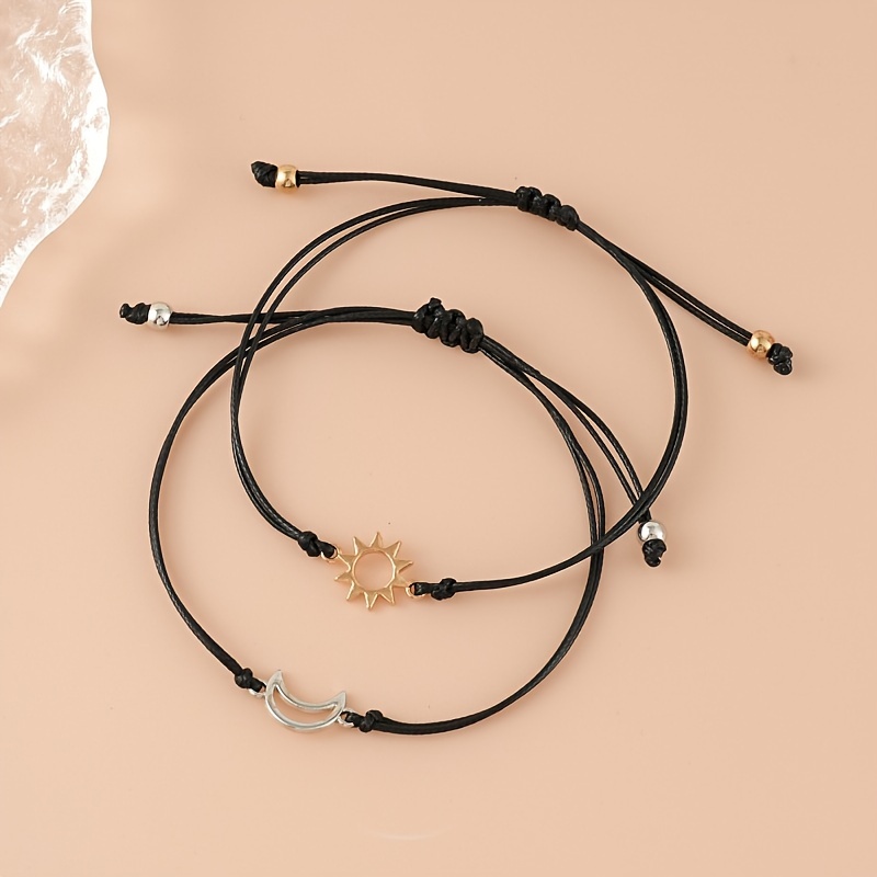 2pcs Sun and Moon Charm Bracelet Set Adjustable Black Cord Friendship  Couples Braided Bracelets, Alloy Charms, Ideal for Daily Wear or Gifting, 