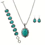3pcs womens vintage turquoise bracelet necklace earrings set healing stone vintage alloy silvery color decoration gift details 1