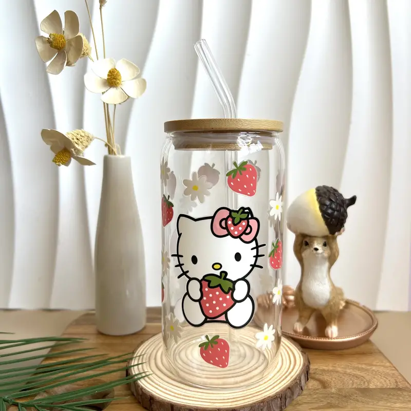 Dining  Hello Kitty 16oz Glass Cup Strawberry Sanrio Glass Cup