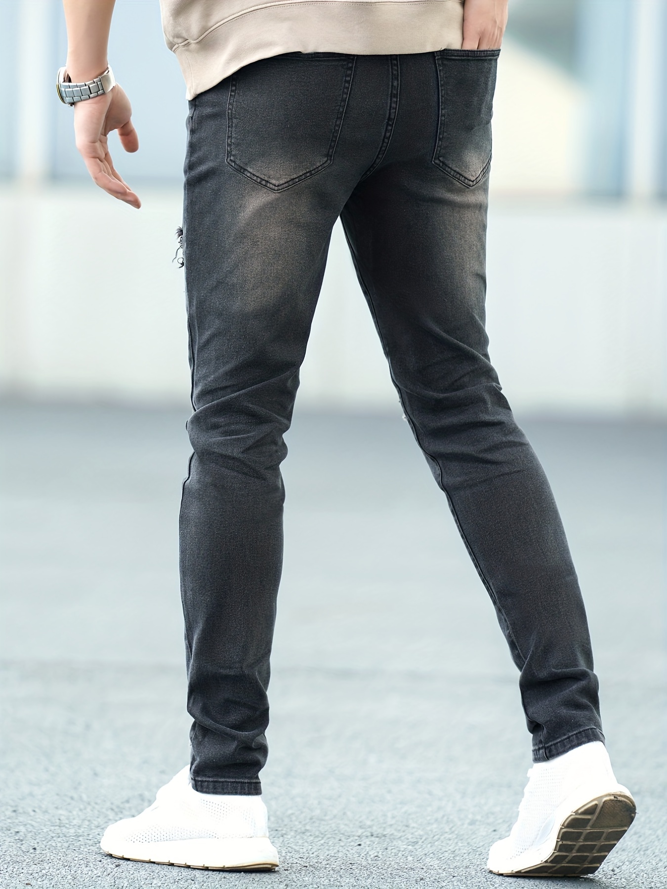 Slim Fit Ripped Cotton Jeans Men's Casual Street Style - Temu