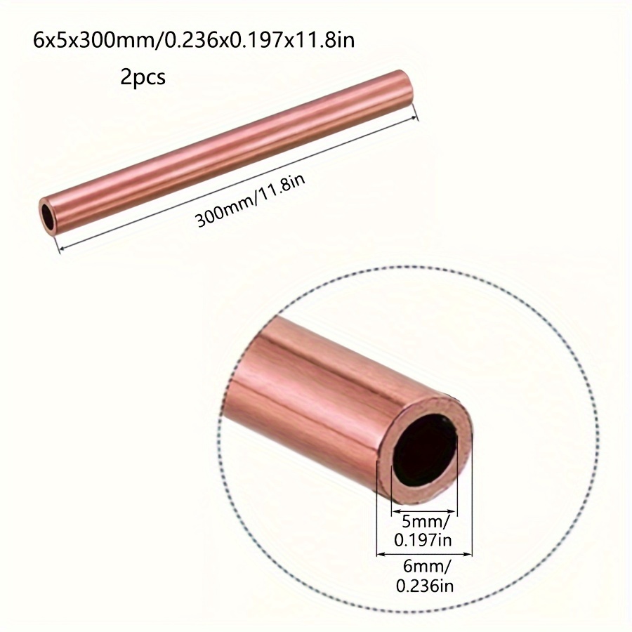 Image of 2pcs Durable Red Copper Round Metal Tubing, 12" Length, 2~6mm Od, 1~5mm Id - High-quality Hollow Round Rods For Diy Projects & Professional Use