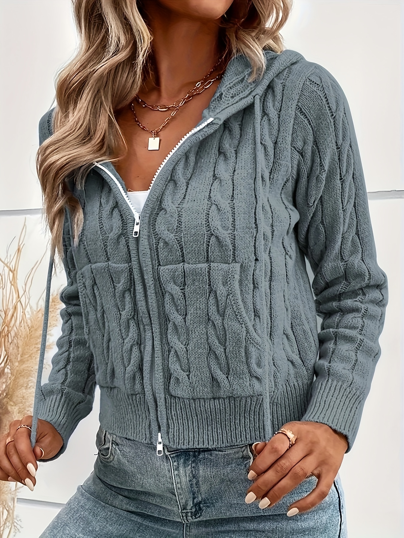 Solid Zip Cable Knit Cardigan Casual Long Sleeve Drawstring - Temu