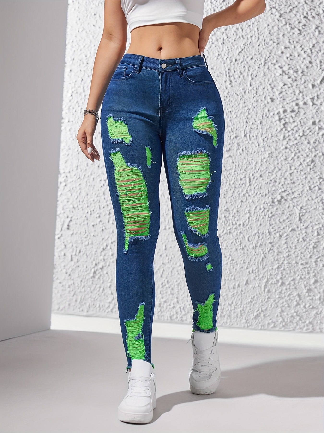 Ripped Holes Casual Skinny Jeans High Stretch Slant Pockets - Temu