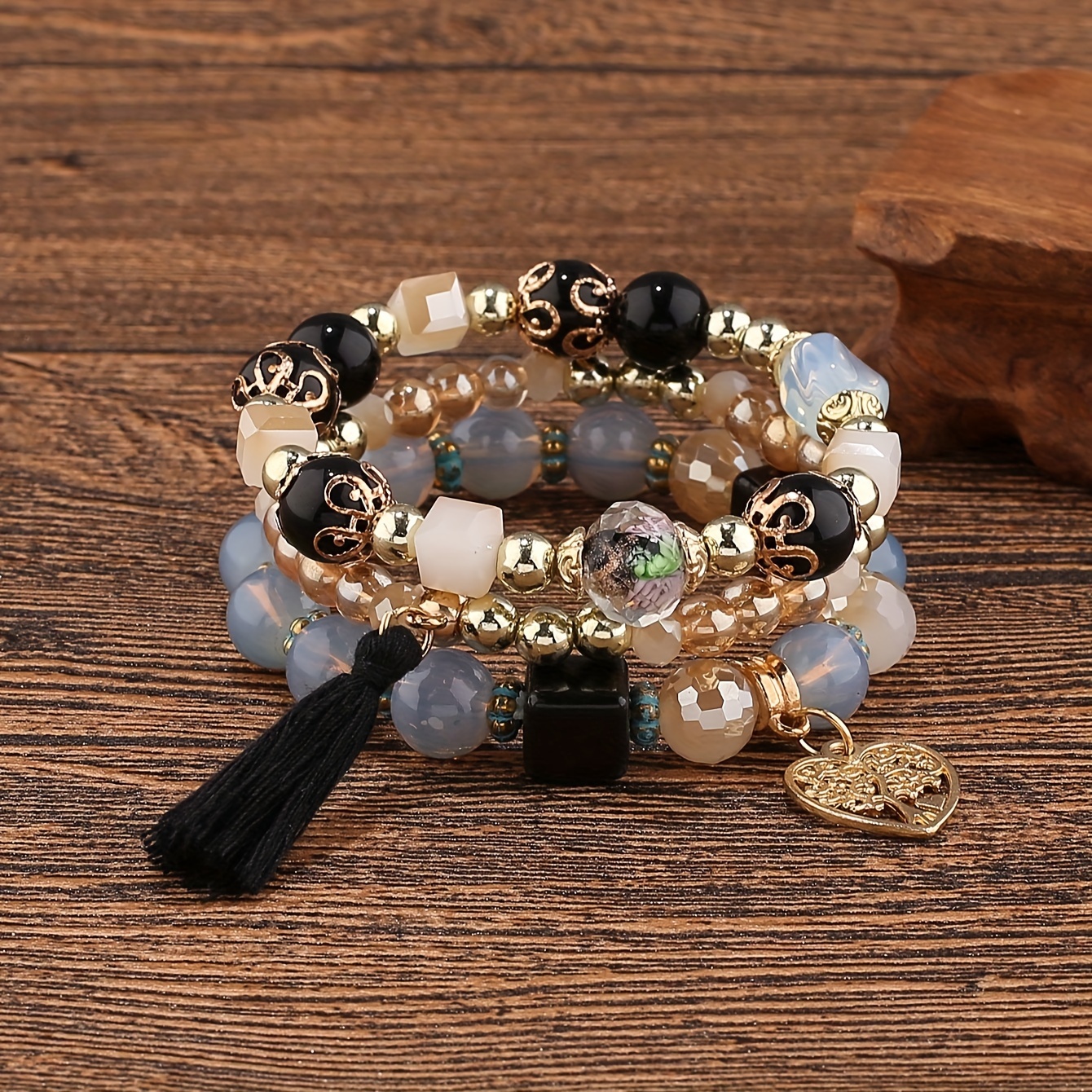 

3 Pcs Set Of Delicate Colorful Beads With Heart Tassel Pendant Bracelet Bohemian Elegant Style For Women Gift