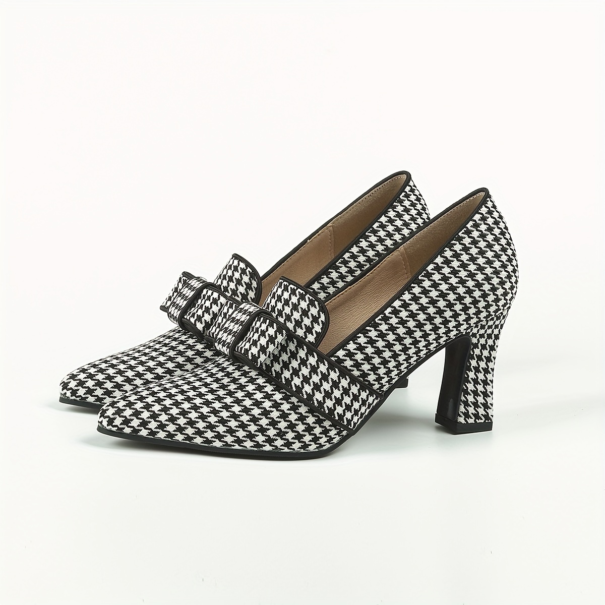 Women's Houndstooth Pumps Bowknot Slip On Chunky Heels