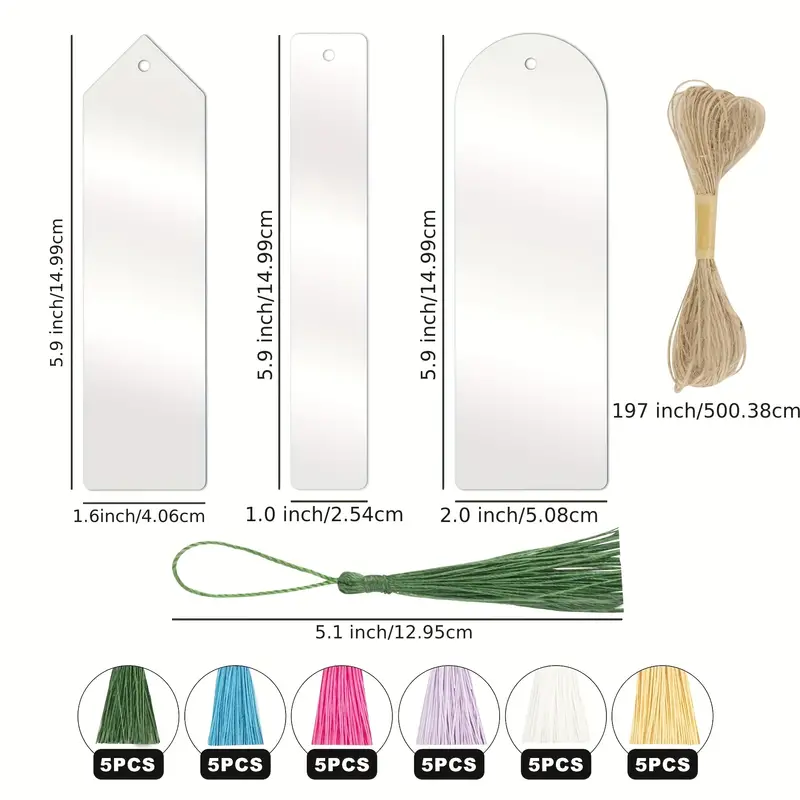 RAHATA Acrylic Bookmarks Blanks Bulk 61pcs Clear Bookmark Plastic Blank 30 Set with Tassels & Twine String for Vinyl DIY Craft (3 Shape of Bookmarks