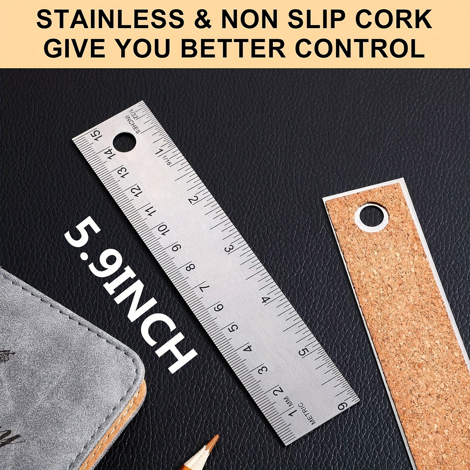 2 Pack Stainless Steel 12 Inch Metal Ruler Non-Slip Cork Back