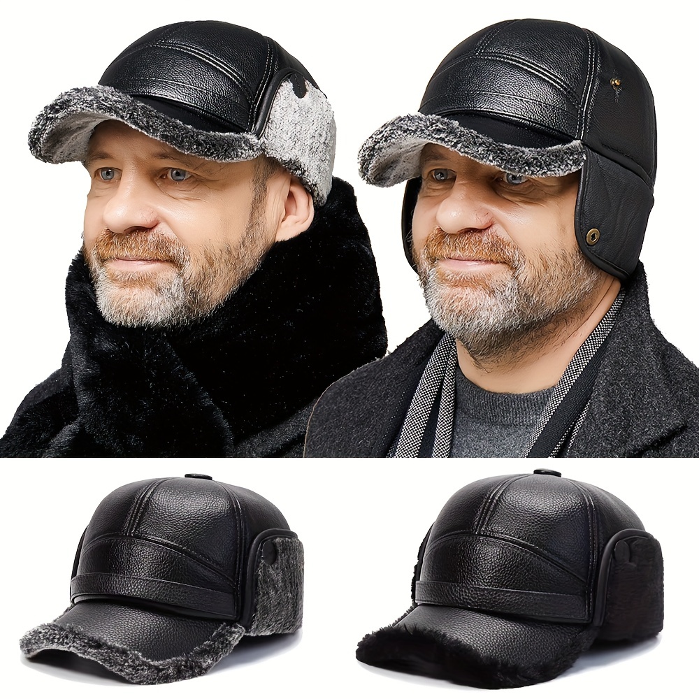 Men's Baseball Cap PU Leather Adjustable Warm Hat Solid Color Winter  Outdoor Hat 