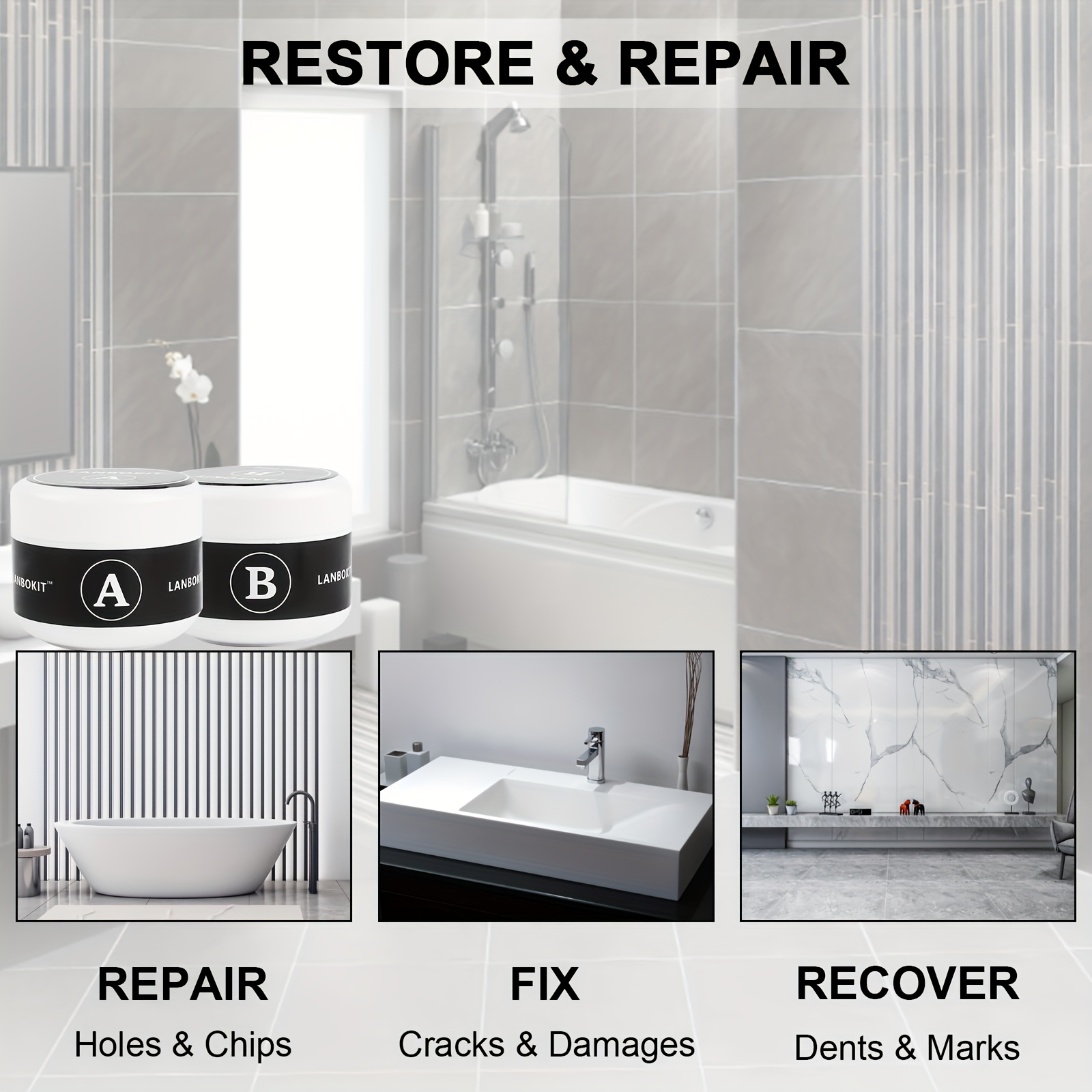 Porcelain Repair Kit,Fiberglass Tub Repair Kit for Shower White Tub,Tile  Tub